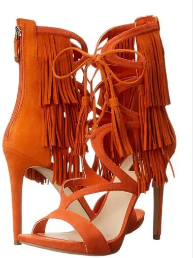 

Latest designer 2017 summer tassels high heel gladiator sandals orange/blue/black lace up platform sandal cut-outs dress sandal