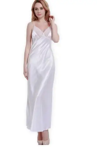 Lace Sexy Sling Sleeping Dress Satin Silk Sleepwear Women Faux Silk Long Bathrobes Female Sleeveless V-Neck Nightgowns C1618