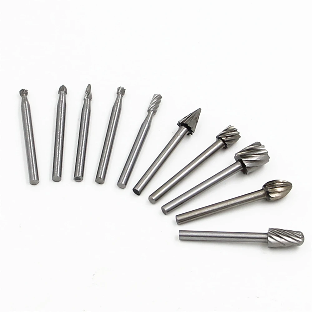 10pcs 1/8'' Shank HSS Steel Rotary Burrs Cutter Engraving Grinding Bit For Rotary File Cutter Tools Woodworking DIY