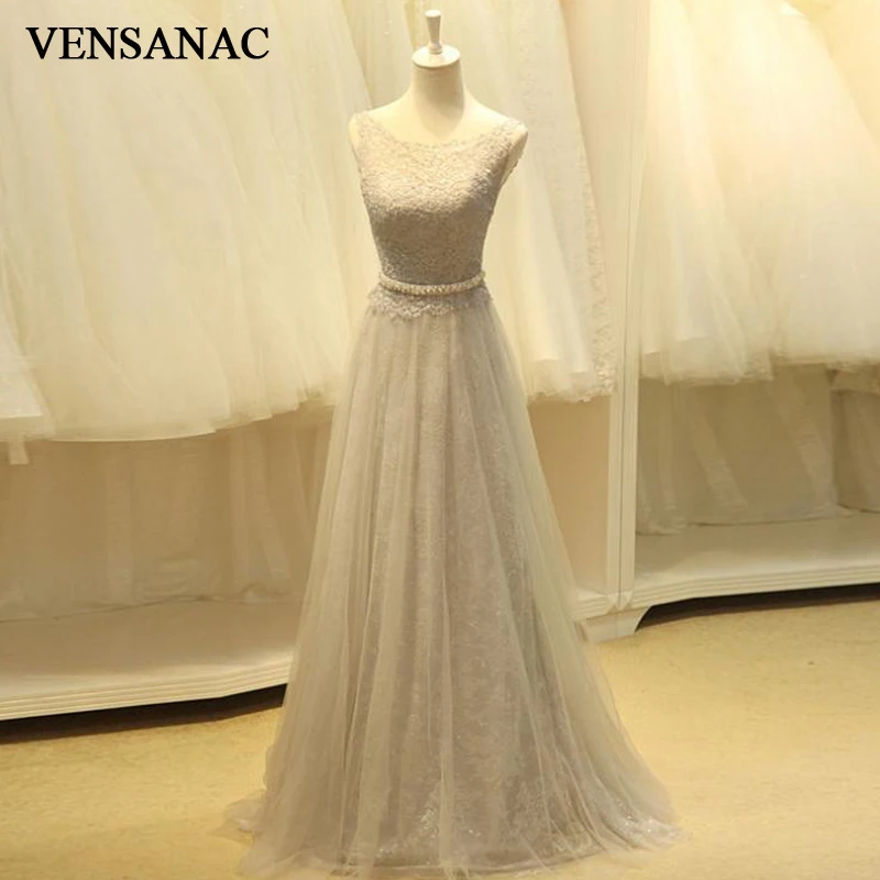 

VENSANAC 2018 A Line Sequined O Neck Crystal Sash Long Evening Dresses Elegant Party Lace Embroidery Prom Gowns