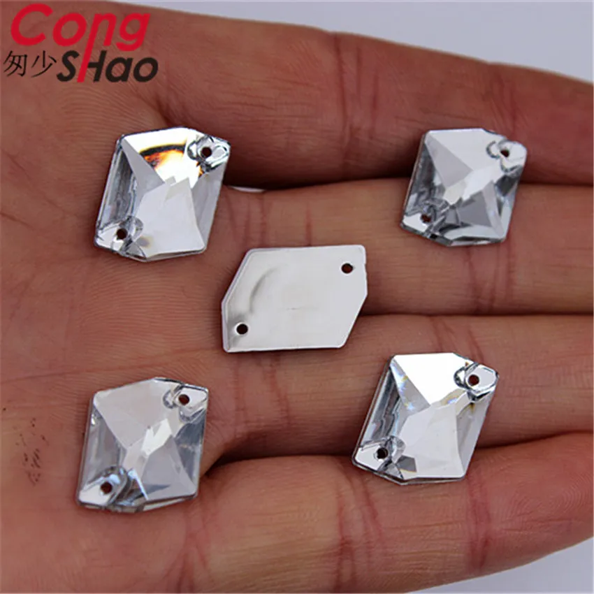 Cong Shao 100pcs 13*17mm Rhombus Irregular shape Crystal Acrylic Rhinestone flatback sewing 2 Hole Wedding Dress Button CS227