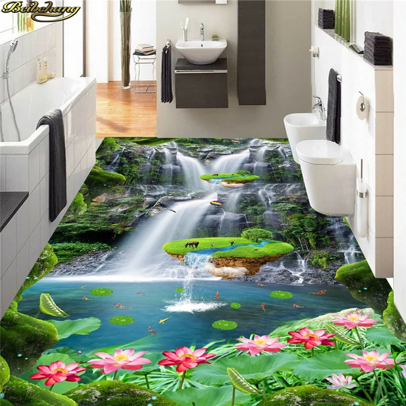 beibehang Custom Photo Floor Painting Wallpaper Ground Stick Lawn Cliff Waterfall Small Island Lotus Bathroom Kitchen 3D Floor