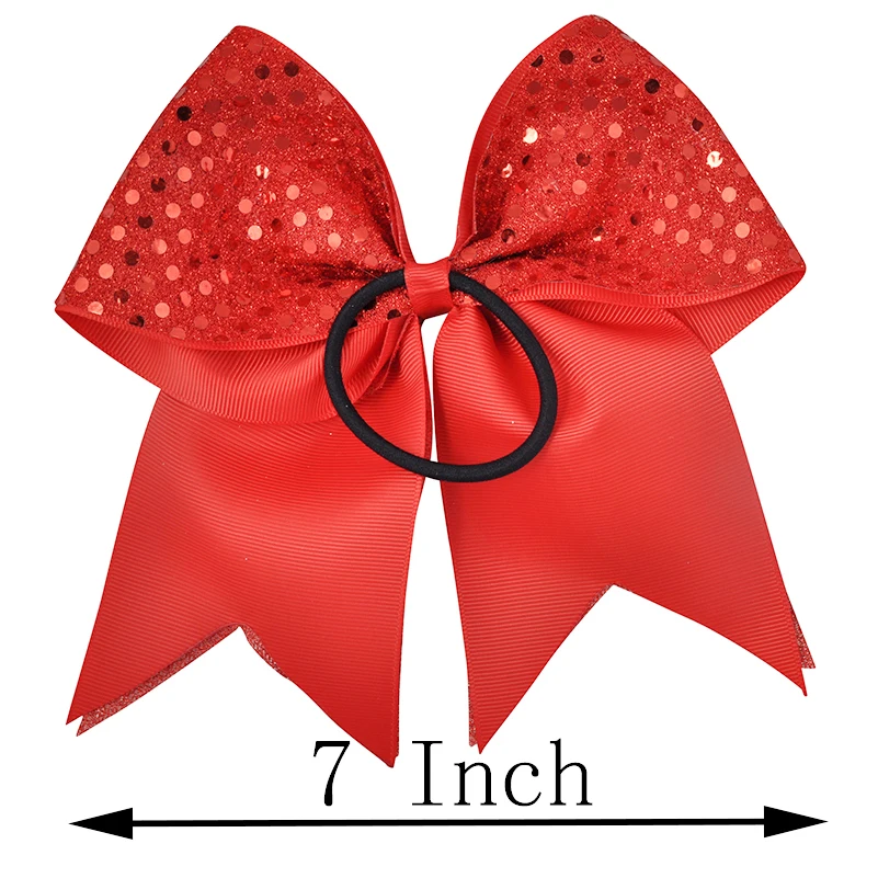 12Pcs 7 Inches Sequin Cheerleading Bows Sets Woman Large Bowknot Elastic Hairband Girls Hair Bows Accessories Ties Gum Rope