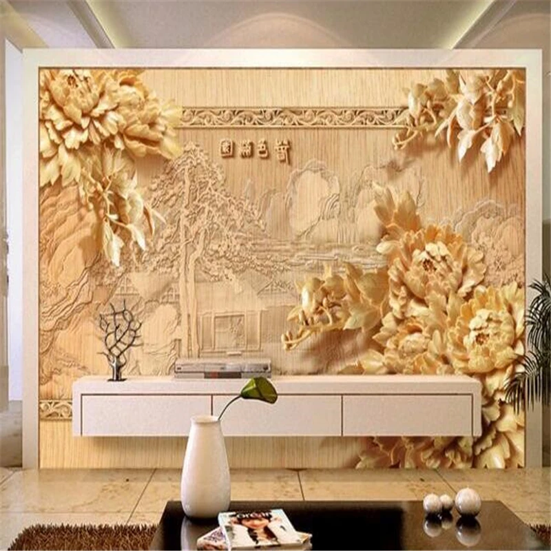 

Beibehang Large mural photos 3 d woodcarving peony flowers 3 d TV wall mural wallpaper sitting room sofa 3d wallpaper