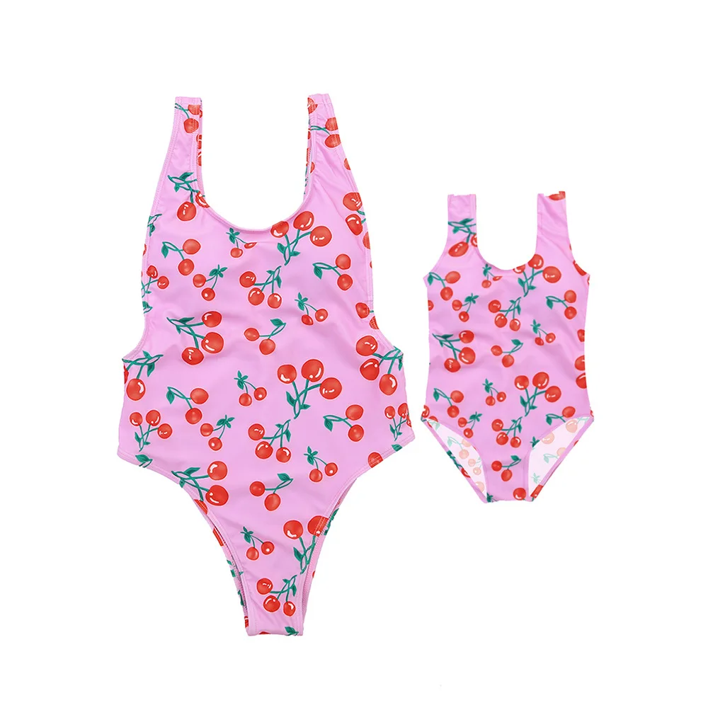 One Piece Mother and Daughter Family Matching Bodysuits Lovely Cherry Printed Mum Girl Bathing Suit Mum Kid Summer Beachwear