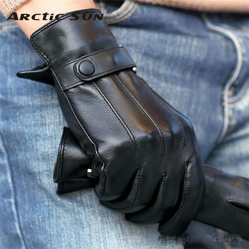 Men Gloves Wrist Button Solid Sheepskin Glove Fashion Male Genuine Leather Winter For Driving Free Shipping M021pc