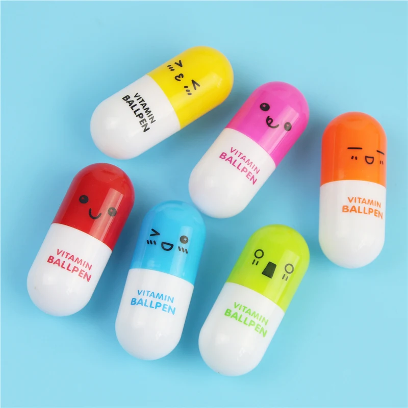 6pcs Cute Smiling Face Pill Ball Point Pen Novelty Stationery Telescopic Vitamin Capsule Ballpen For School Use