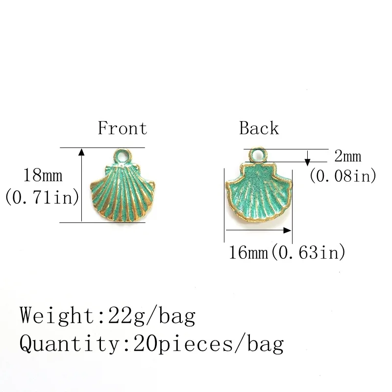 18MM 20pcs/bag Retro Patina Plated Zinc Alloy Green Scallop Shape Charms Pendants for DIY Jewelry Accessories PJ016