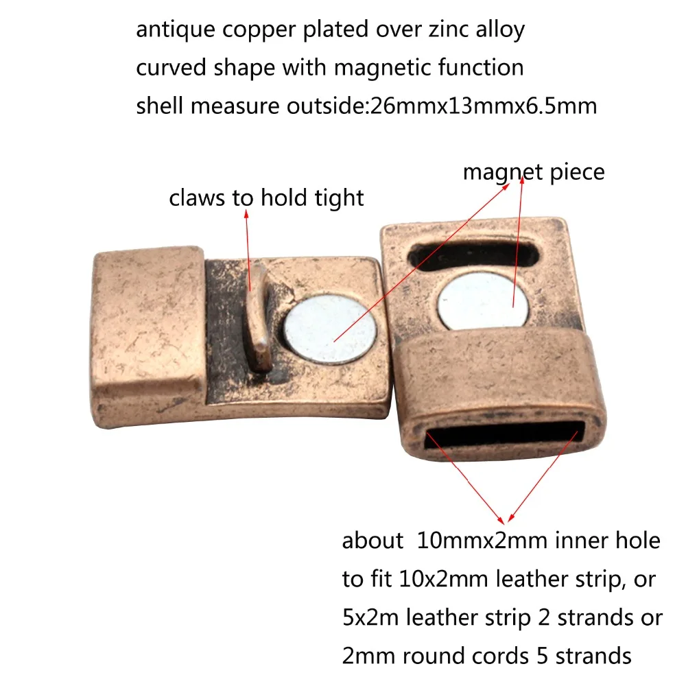 Aaazee 3 Pieces For 10x2 Leather Strip Glue Magnetic Antique Copper Clasps,10mm Bracelet End 10mmx2mm Hole Closure