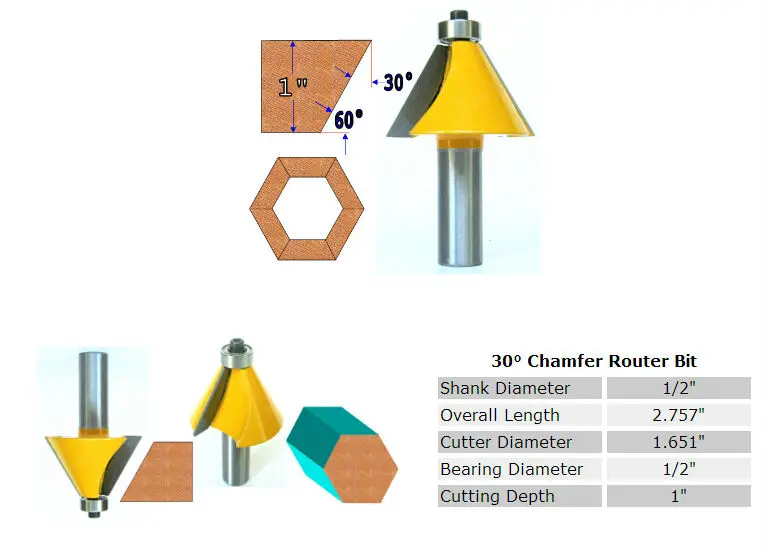 1pc 30 Degree Chamfer & Bevel Edging Router Bit - 1/2\