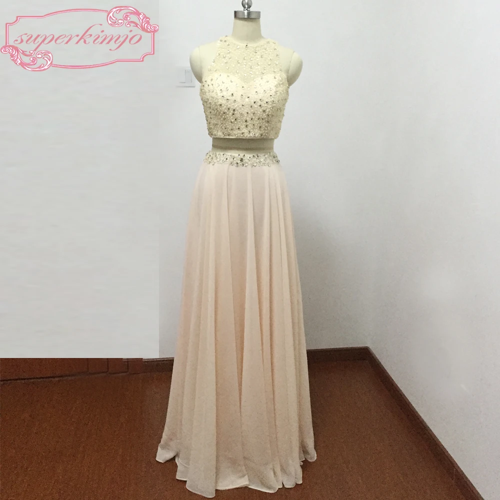 Actual Image Evening Dresses Sheer Crew Neckline Beading Sequins Crystal Chiffon Two Pieces Peach Prom Dresses Real Picture