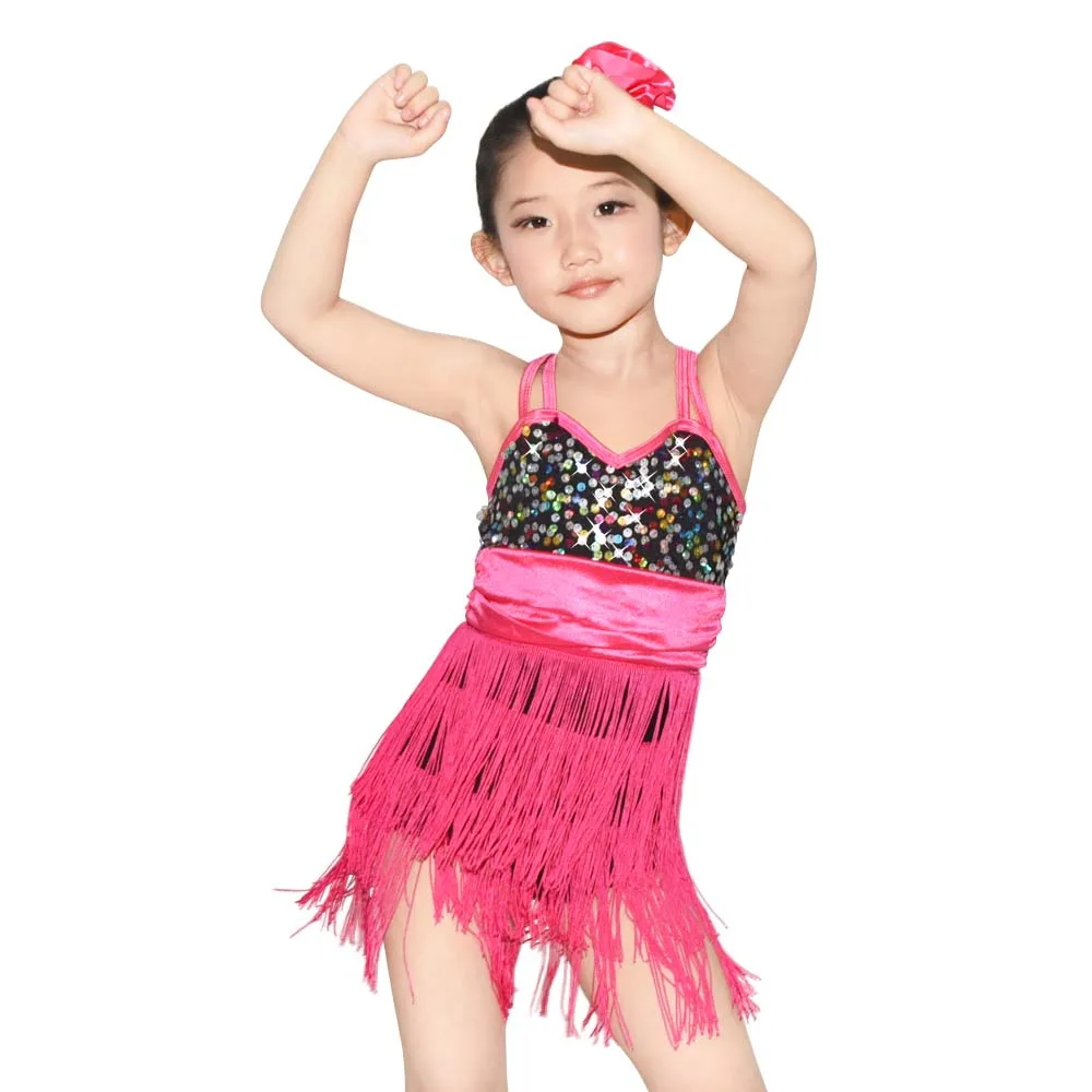 Girls Leotard Sequins Tassel Ballroom Dance Clothes Camisole Tango Latin Dance Dress For Stage And Party Drssess