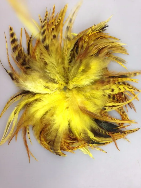 100pcs 4-6 inch yellow rooster feather BARRED ROOSTER GRIZZLY FEATHERS hair extension chicken plumages hat headdress jewelry DIY