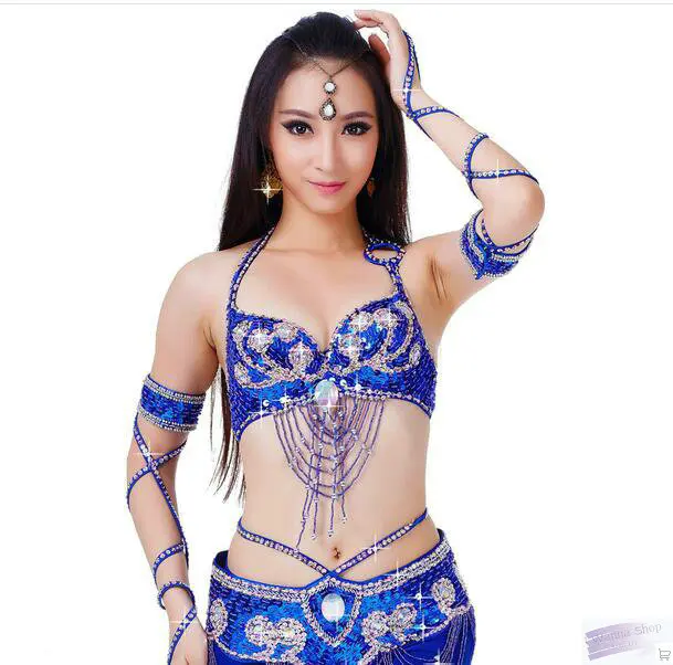 

4pcs set silver dancing bikini party samba bellydance hip scarf bra arm bands diamond belt dress costumes