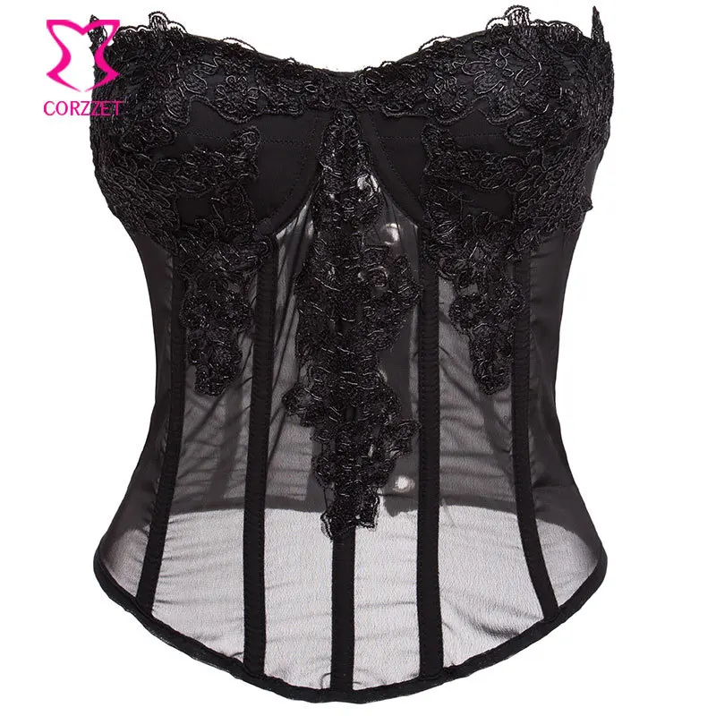 

Black Floral Embroidery Applique MeshPush Up Bustier Corset Top Corselet Overbust Corsets Women Body Shaper Sexy Gothic Lingerie