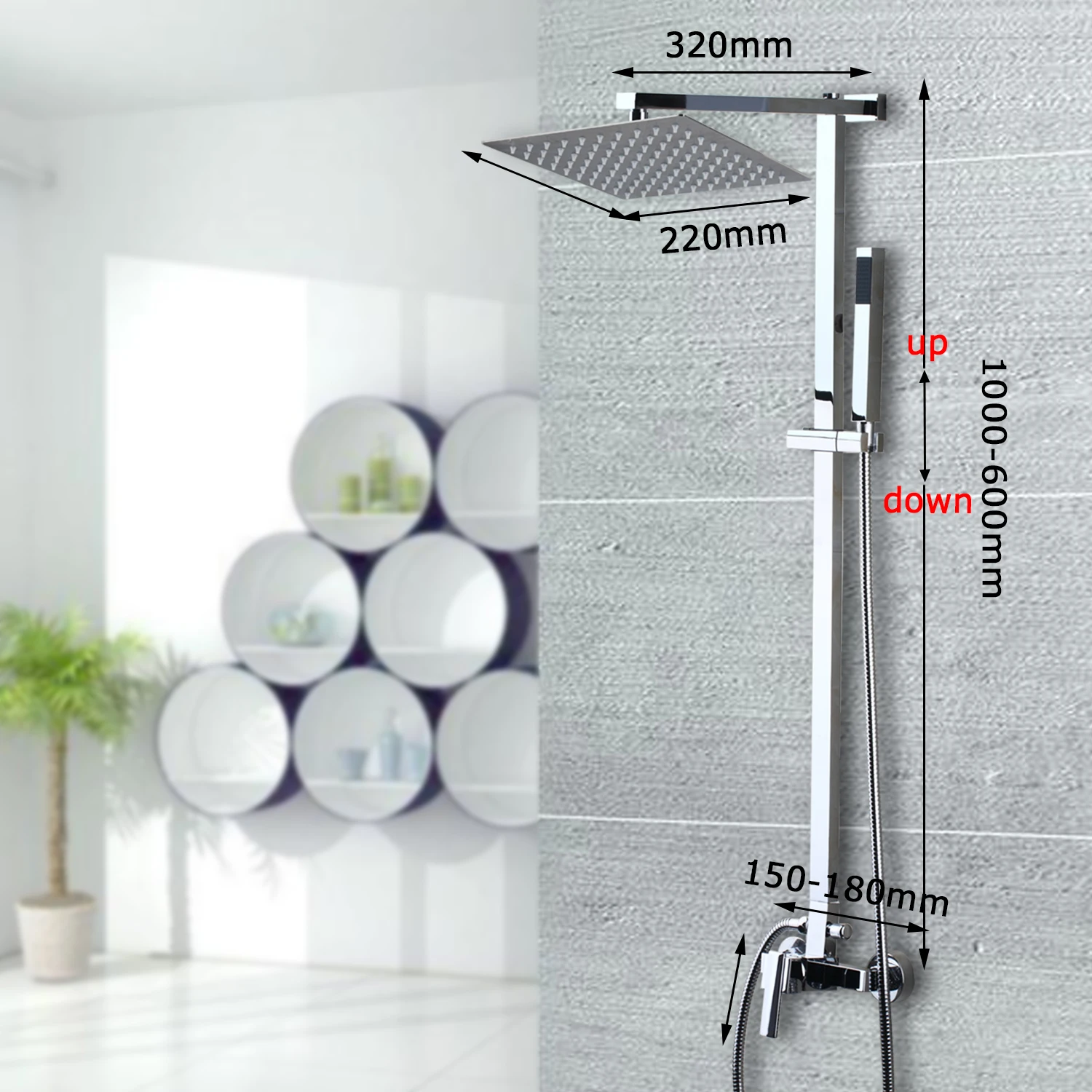 Monite 8 Inch Big Rainfall Shower Set Mixer Faucets Chrome Polished Wall Mounted Bathroom Adjust Height Handheld Shower Faucet