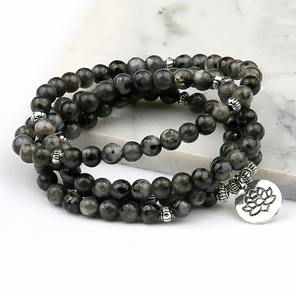 Labradorite Flashstone Strand Bracelet Trendy Handmade Men`s 108 Mala Yoga Bracelet Lotus  Buddha Bracelet Women,Birthday Gift