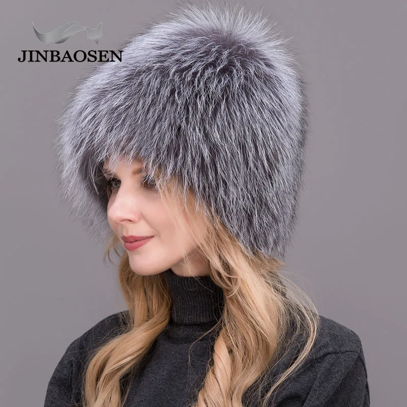 JINBAOSEN Female Winter Fur Hat Real Fox Fur Hat Knitted Silver Fox Fur Hat Female Bomer Cap