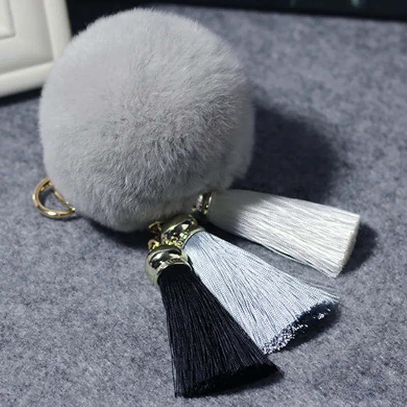 Fashion Fluffy Rabbit Fur Pompom Ball Key Chain For Women Gradient Color Tassels Keychain On Bag Car Trinket Jewelry Party Gift