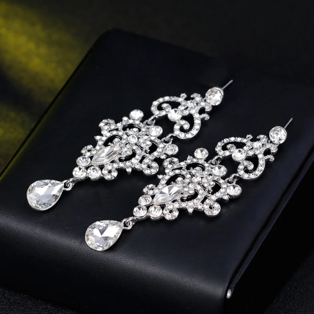 TREAZY Silver Color Crystal Chandelier Long Earrings For Women Bridal Dangle Drop Earrings Wedding Engagement Jewelry Gifts