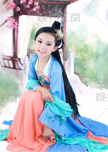 Zhuan Zhu Ge Blue Goshibo Applique Embroidery Kids' Hanfu Costume for Photo House or Performance Dance Costume Children's Day