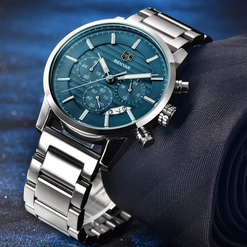 BENYAR Business Chronograph Sport All steel Men Watches Top Brand Luxury Military Quartz Male Watchwrist Clock Relogio Masculino