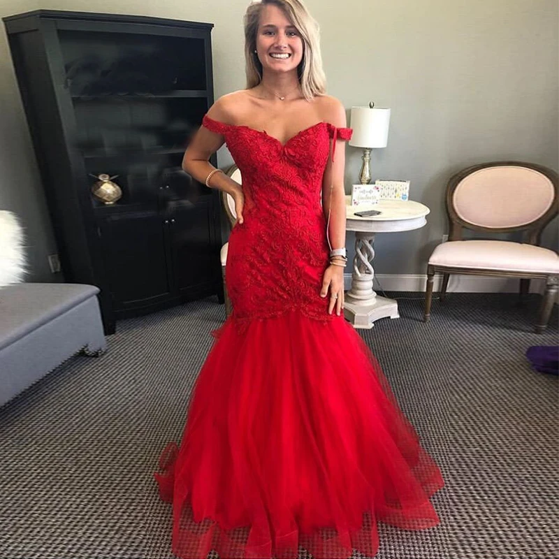 Long Mermaid Prom Dresses Off The Shoulder Lace Top Tulle Skirt Red Evening Party Dresses Full Length Formal Trumpet Prom Gowns