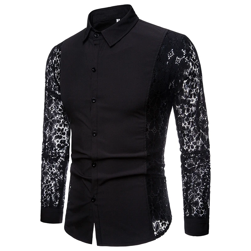 Black White Lace Dress Shirt Men Fashion Harajuku Transparent Sexy Club Party Prom Luxury Casual Men Long Sleeve Tuxedo Shirt