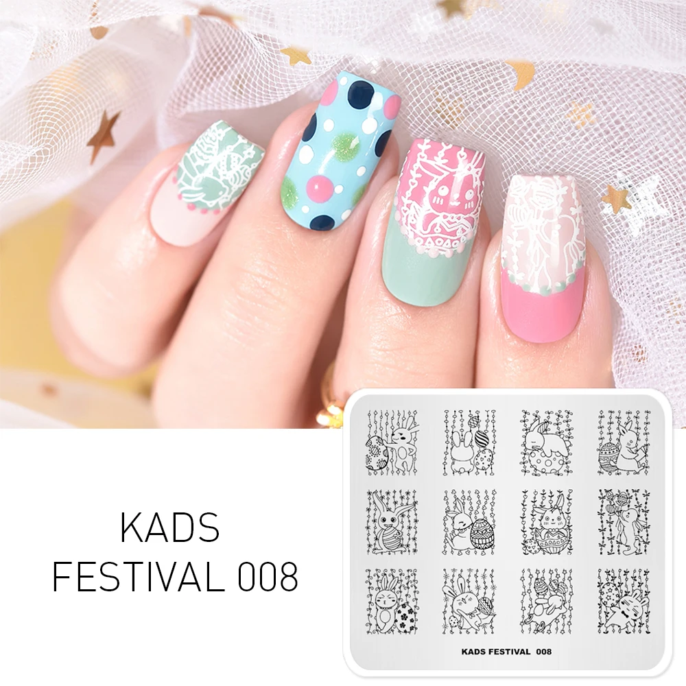 KADS Festival 008 Lovely Easter Nail Stamping Template Stamp rabbit & eggs Nail Stamping Plates for nail polish