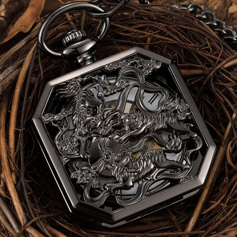 Luxury Chinese Mascot Lion Black Mechanical Pocket Watch Men Hand Wind Retro Hollow Skeleton Fob Necklace Watch With Chain Gift