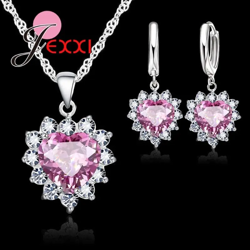 

Romantic Genuine 925 Sterling Silver Sweet Heart Pink Dazzling Crystals Delicate Accessory For Women Girls Jewelry Set