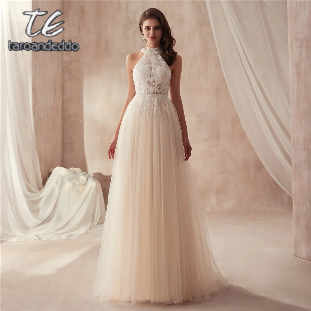 

Sexy See Through Top Beading High NeckProm Dress Tulle A-line Evening Gowns Party Dress