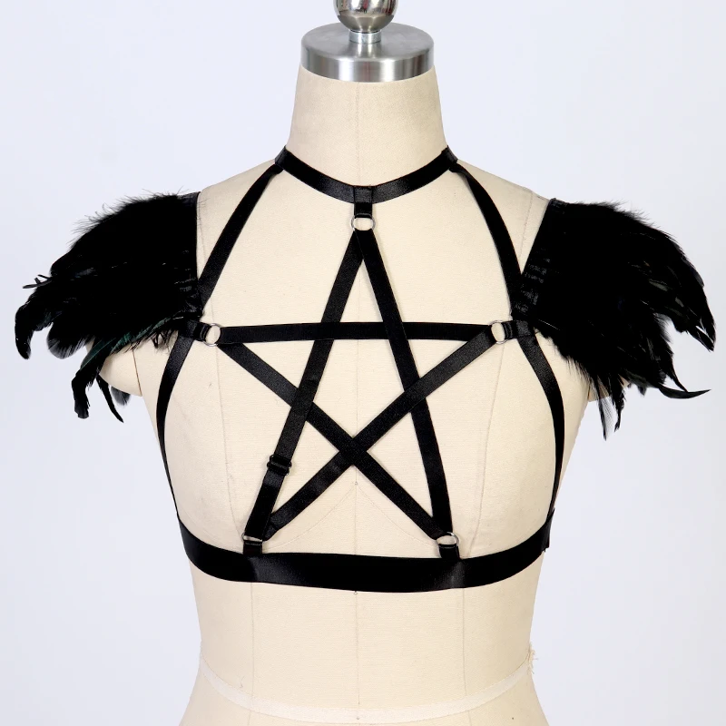 

Black Feather Pentagram Harness Epaulette Bondage Fetish Body Harness Sexy Lingerie Bra Belt Gothic Angel Wings Festival Rave