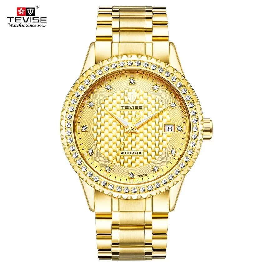 TEVISE Full Gold Clock Men Automatic Watch Luminous Stainless Steel Watchband Date Luxury Men Watch Fashion New 2024