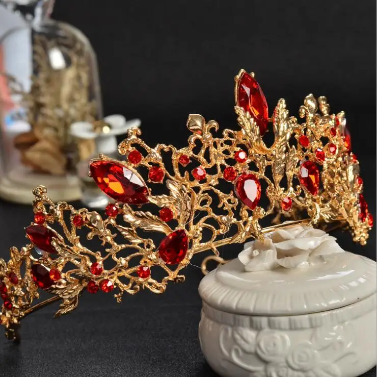 Baroque Gold Color Vintage Red Crystal Bridal Tiaras Wedding Hair Accessories Rhinestone Pageant Prom Crown for Bride Headbands