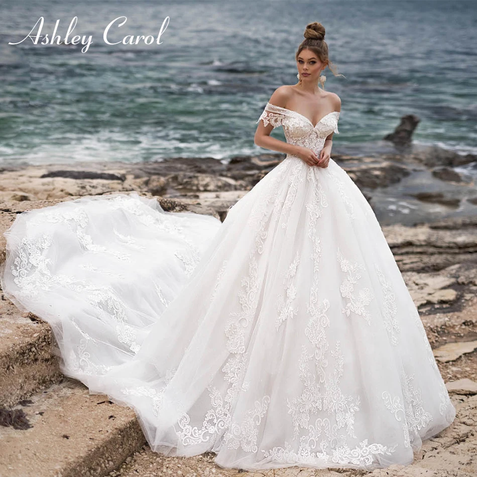 Ashley Carol Luxury Wedding Dresses For Women Sweetheart Beaded Appliques Lace Up Cathedral Wedding Gown Vestidos De Novia