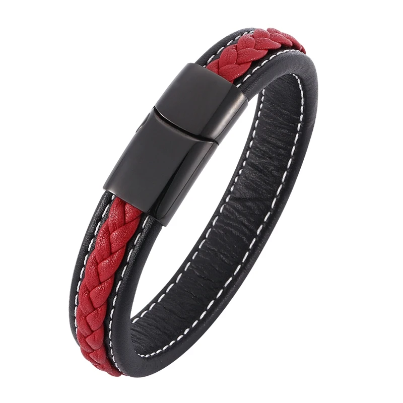 Punk Style Men Red Hand-Woven Leather Bracelet High-Quality Metal Buckle Women Wristband Gift BB0008