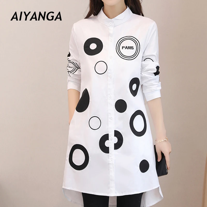 Women Tops and Blouses Long Sleeve 2022 Medium Long Dot Emboridery Oversized Shirts Woman Casual Black White Ladies Tops M-4XL