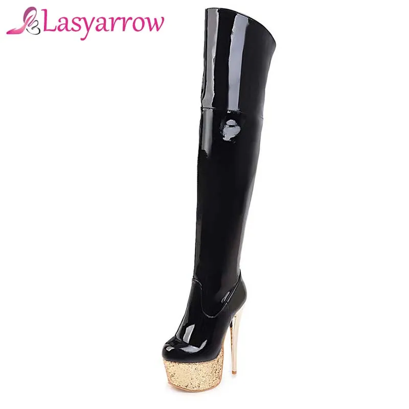 Lasyarrow Women\'s Stiletto Boots Sexy Women\'s Boots Black Red Patent Leather Shoes Woman Thin High Heels Thigh High Botas Mujer