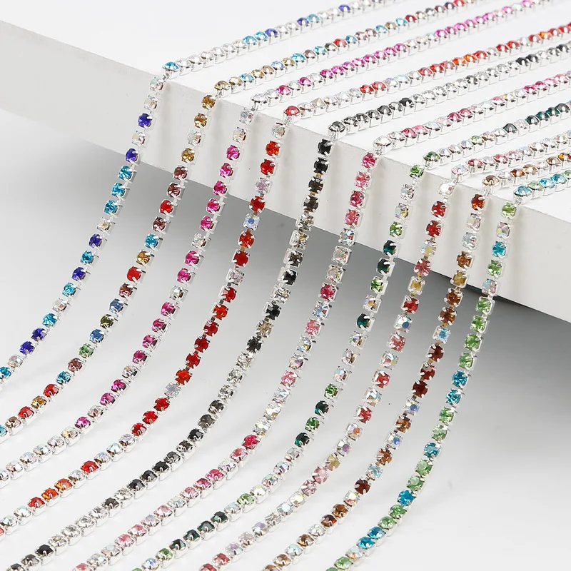 High Density Mixed Color AB Crystal Silver Base Cup Claw Rhinestone Chain for DIY Appliques Trim Sew On Ornament Accessories