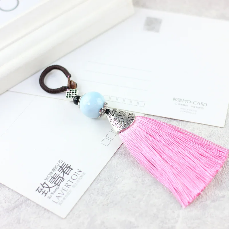 Chinese Style Ethnic Ceramic Stone Tassel Keychain Women Key Ring Vintage Handmade Weave Tassel Bag Car Key Holder Jewelry Gift