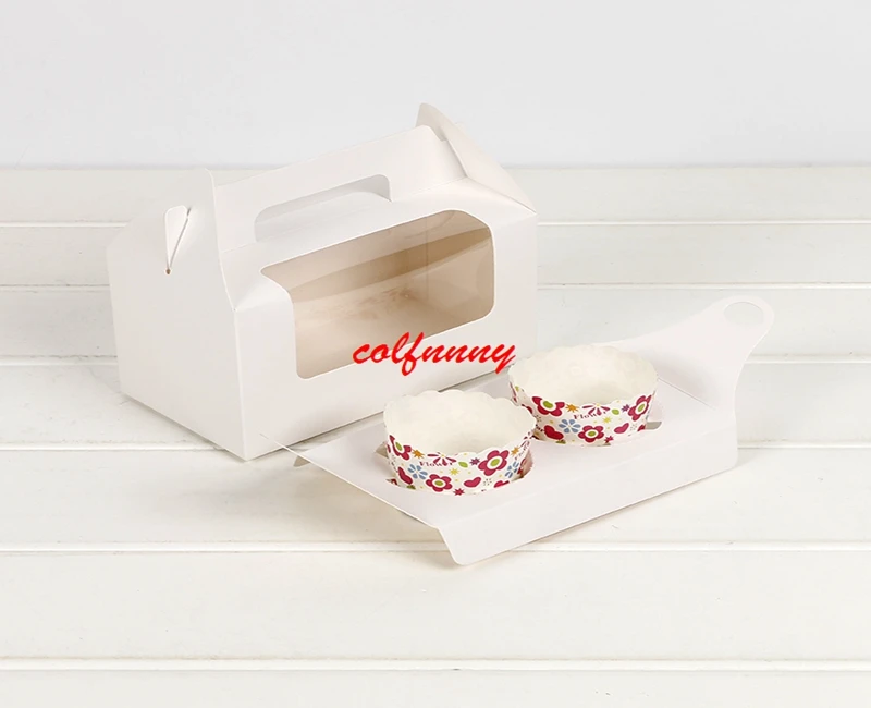 

300pcs/lot Fast Shipping White Card Paper Party Cupcake Boxes Cake Packaging Boxes Holder 2pcs With Handle Muffin Box F062502