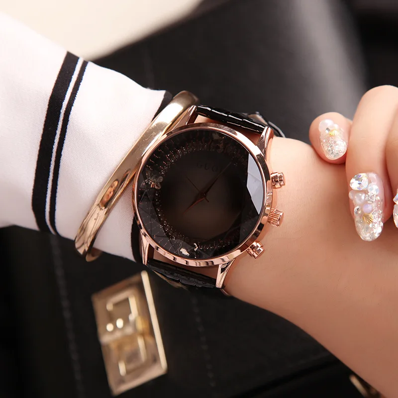 2018 Fashion Top Guou Brand Woman\'s Genuine Leather Casual Luxury Full Rhinestone Big Dial Gift Clock Lady Casual Quartz Watches