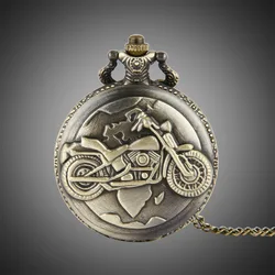 New Bronze Color Pocket Watch Motorcycles Pattern Relogio De Bolso Quartz Watch with Necklace Quartz Clock  masculino relogio