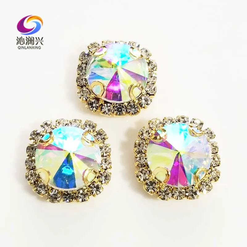 

AB color Round shape top glass crystal rhinestones with hole,golden bottom sew on stone for Diy Clothing accessories