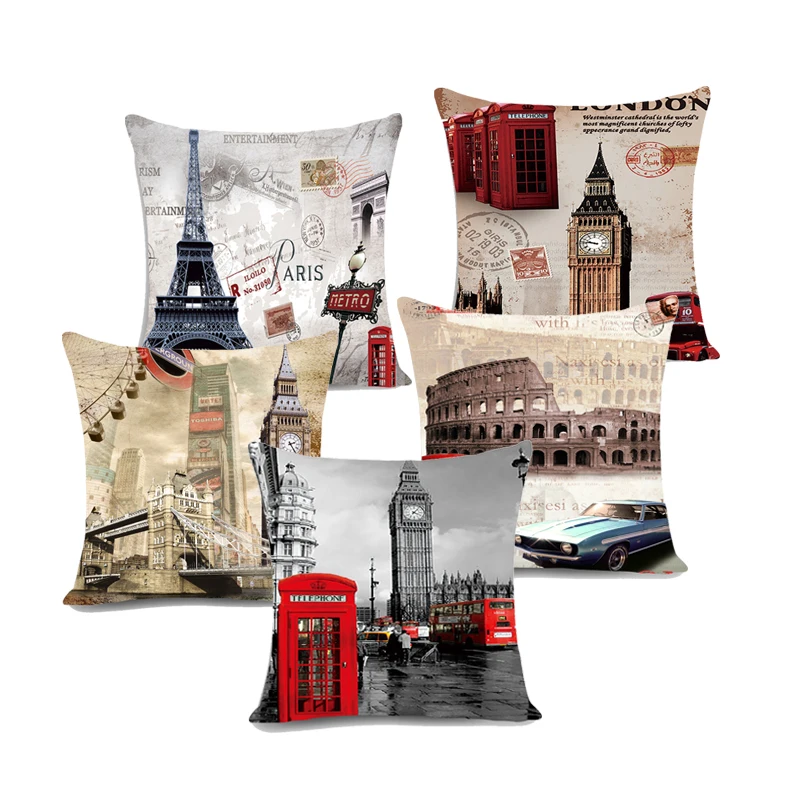 

European Style cushion cover London City Retro Red bus & Telephone Boxes Car Decorative Throw Pillowcase Pillow cases for Sofa