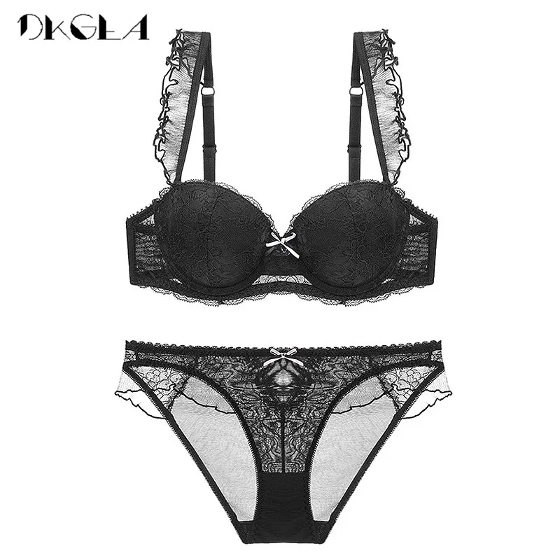 New Top Sexy Bra Panties Sets Lace Embroidery Lingerie Set Green Brassiere Deep V Push Up Bra Women Underwear Set Cotton 3/4 Cup