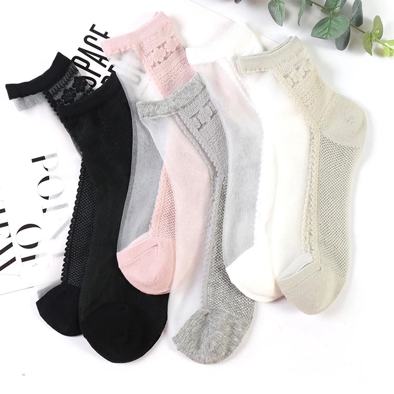 5 Pairs/Lot Female Japanese/South Korea Sweet Ultra-Thin Transparent Crystal Socks Women Sole Lace Flowers Mesh Non-slip Meias