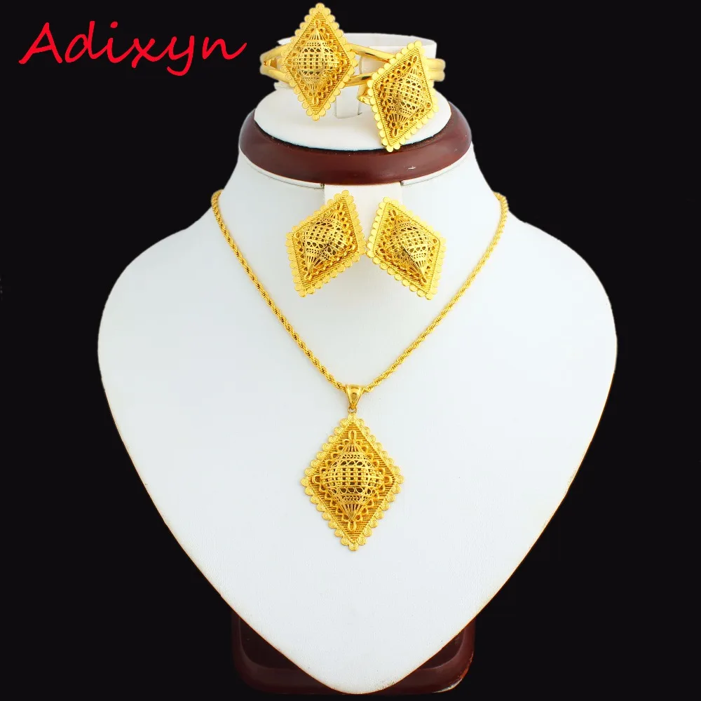 New Ethiopian Rhombus Desigh Jewelry Set 24K Gold Color Necklace/Pendant/Earring/Ring/Bangle African Bridal Wedding Jewelry Set