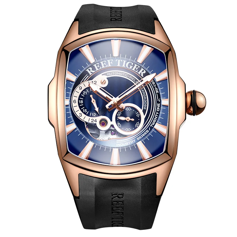 Reef Tiger/RT New Arrival Mens Rose Gold Case Blue Dial Rubber Strap Waterproof Automatic Watch RGA3069S